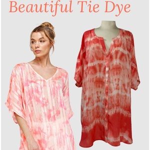 Coral Tie-Dye Short Sleeve Button Up Top Tunic Blouse Dressy Casual Multi Color